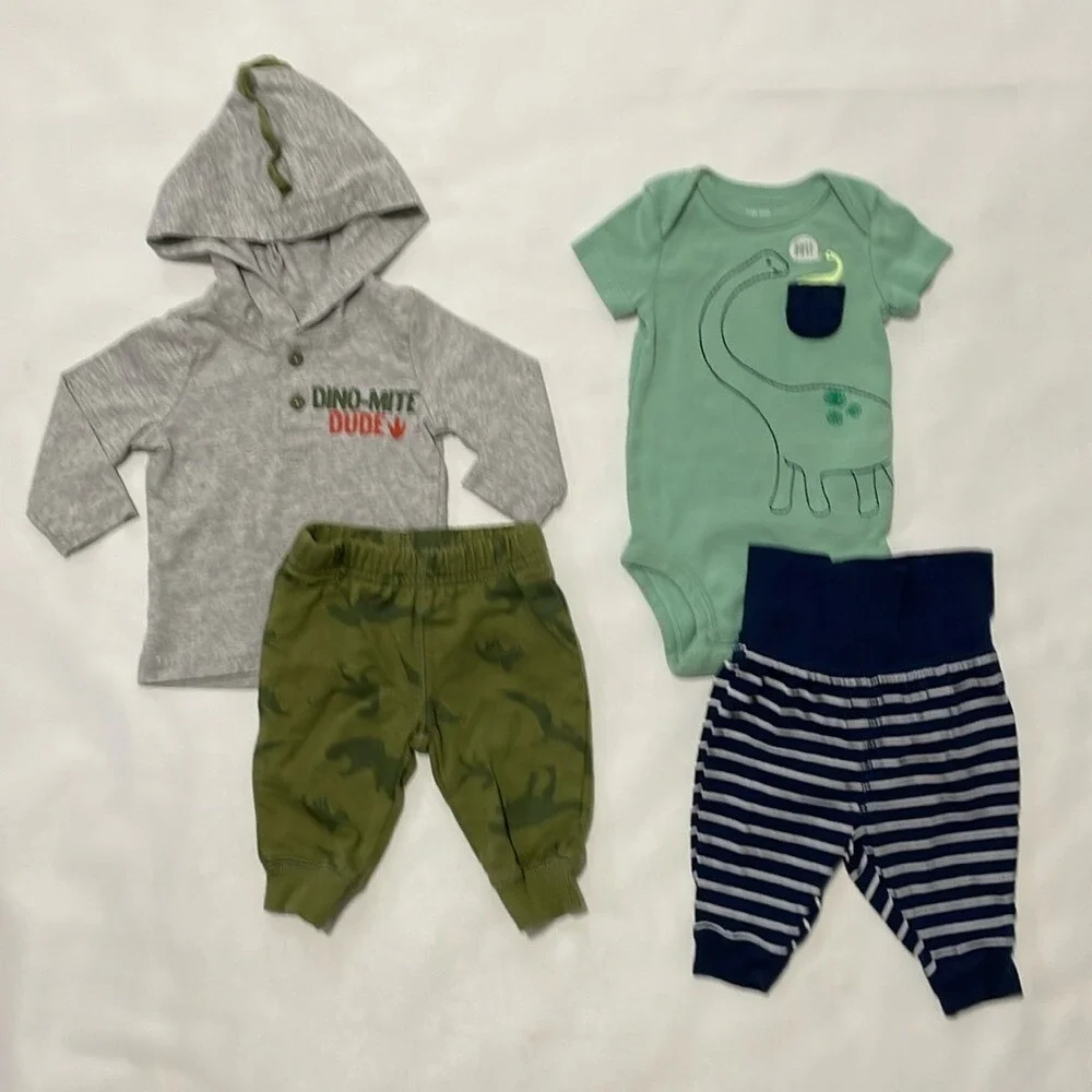 Lot Of 2 Carter's Dinosaur Outfits Size 3 Months Hooded Long Sleeve Pants Jumper
